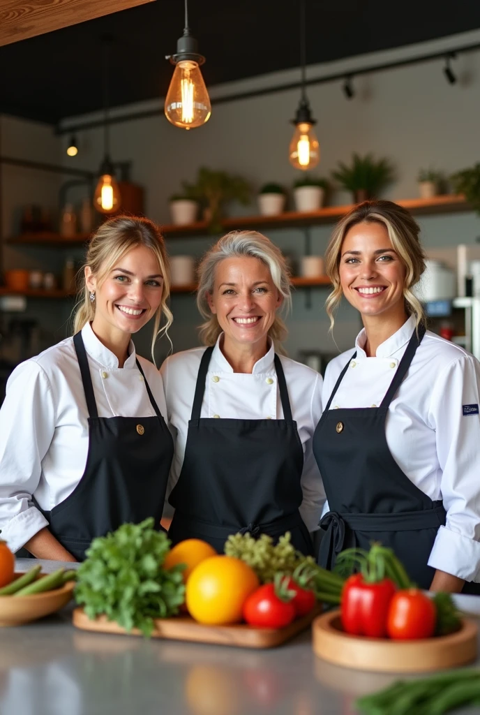 "A professional-looking, 3 American woman , wearing a modern chef's coat and apron in a well-lit, stylish kitchen. She should appear friendly and confident,with a warm smile. The kitchen background should include sleek countertops, fresh ingredients, and soft natural lighting, creating a welcoming and inspiring atmosphere."