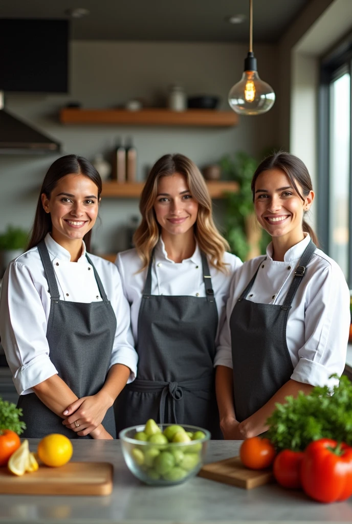 "A professional-looking, 3 American woman , wearing a modern chef's coat and apron in a well-lit, stylish kitchen. She should appear friendly and confident,with a warm smile. The kitchen background should include sleek countertops, fresh ingredients, and soft natural lighting, creating a welcoming and inspiring atmosphere."
