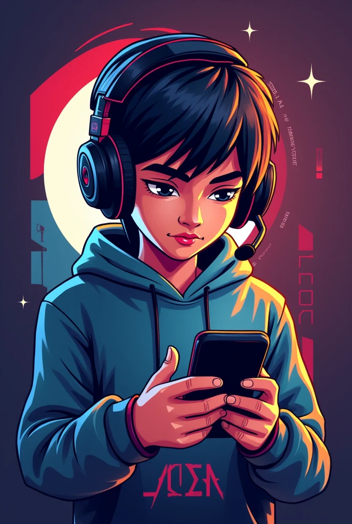 create a gaming logo ,a indian boy (straight hair)with gaming headphones n mobile (horizontal)and named as “ARMAX JOD”
