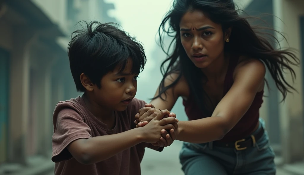 Savita approaches more confidently this time, quickly grabbing the child's arm before he can run away.