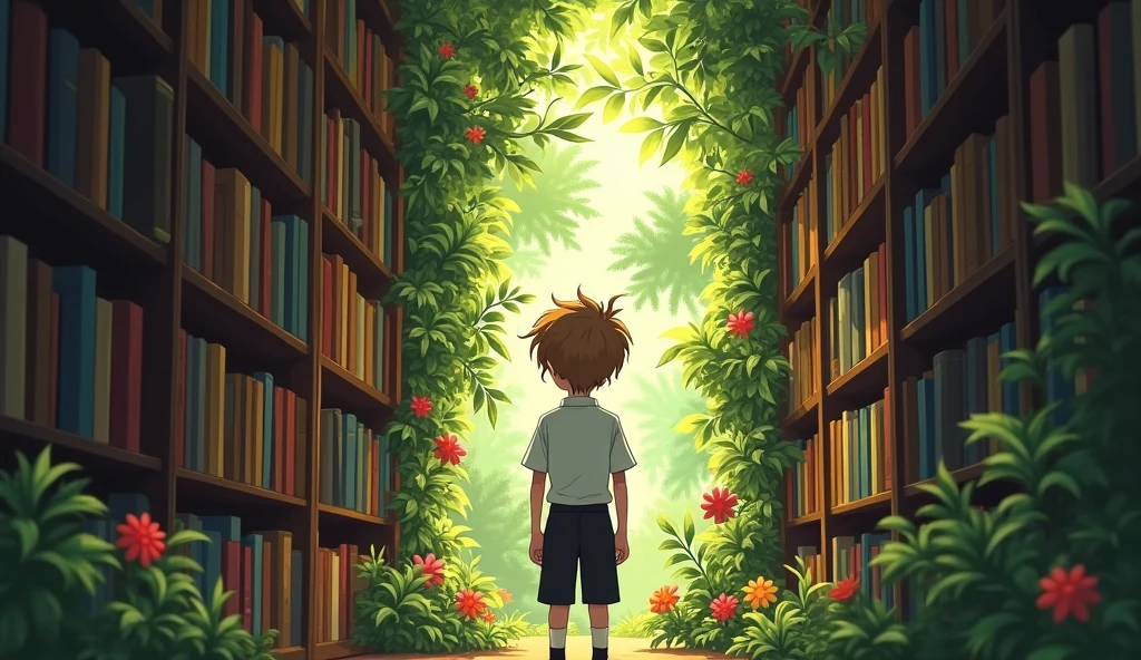 The back of teenager boy with bright, a mop of unruly, sandy brown hair, stands at The channel between the bookshelves he finds the entrance of a hidden garden. He is wearing a crisp, school uniform with a white shirt and a black tie.
stands at the entrance of a hidden garde in the library. Sunlight filters through the trees, casting dappled shadows on the lush green foliage and vibrant flowers.