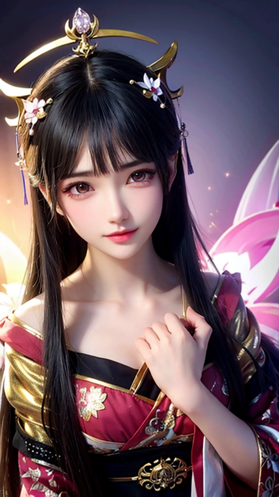 fortune teller、Shrine maiden、1 beauty、Cat Eyes、front、Make eye contact、Clear skin、mysterious、Fantasy、Fantasy、Flower pattern kimono、Gray Eyes、Heavy makeup、Solemn、Take a closer look、Cat Eyes、Face close-up、Benefits、Background with crystal balls, glitter、Background Black、A soft and lustrous image