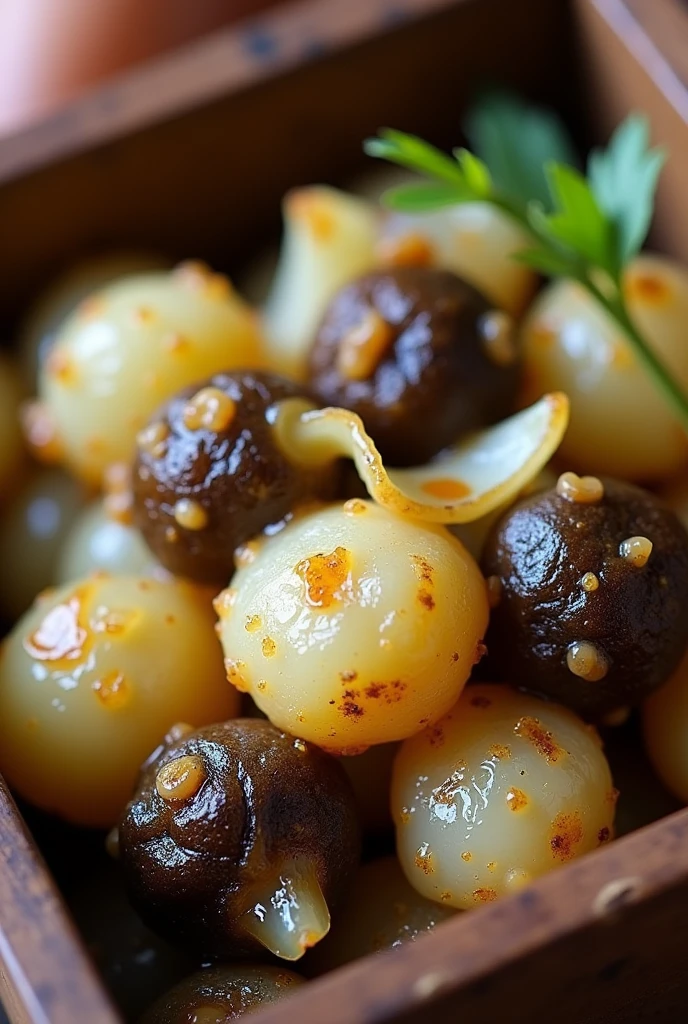 Homemade nepali fried achhar of garlic white and balck color very small pieces in a box