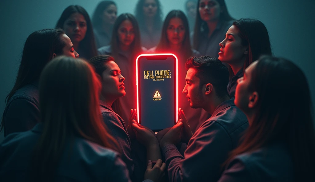 Create an extremely eye-catching and impactful video cover with the following theme: 'Cell phone: The New Generation's Cancer. The image should convey a sense of alertness and urgency.. Use a dark background with a cell phone in the center of the image, radiating red lights that resemble danger signals. Around the cell phone, include people with tired expressions, stress and alienation, all staring at the screen. Adicione o título 'Cell phone: The New Generation's Cancer em letras grandes, in bold, with a contrasting color (white or yellow) to highlight text. Use a modern and striking font, with eye-catching effects."
