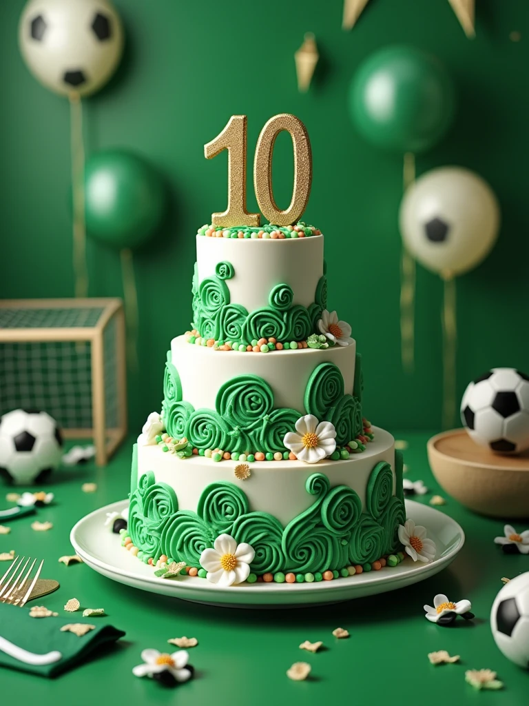 birthday cake in green and white colors with the word 110 written on it on a table decorated with a soccer theme ,realistic, high quality graphics