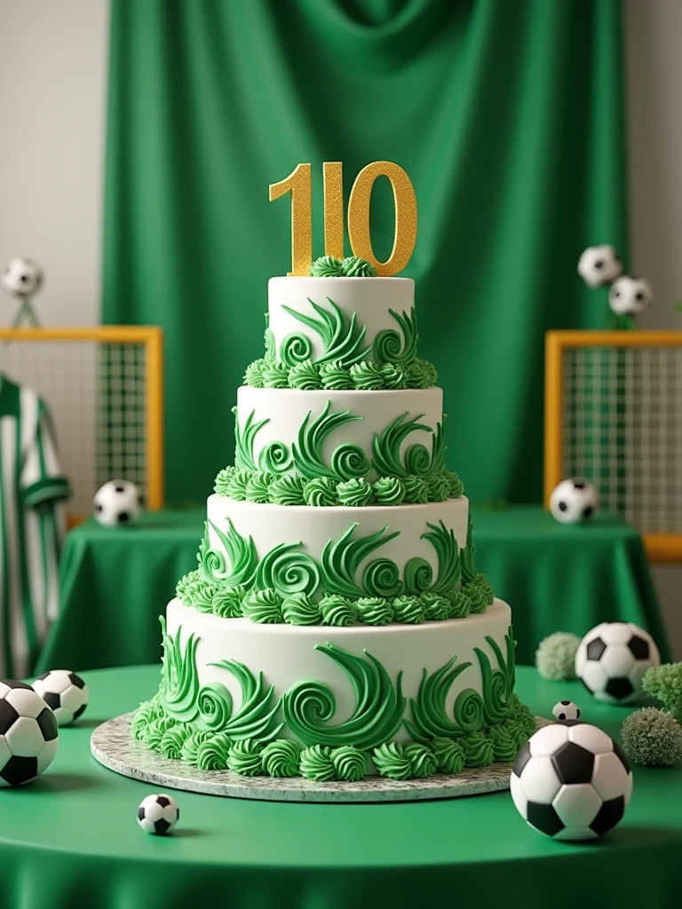 birthday cake in green and white colors with the word 110 written on it on a table decorated with a soccer theme ,realistic, high quality graphics