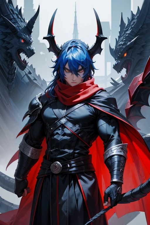 8k, detailed artwork, high resolution, high détails, vivid colors, black dragonborn, Dragon head, 1 tail, 5 fingers, 2 arms, 2legs, black scales, skin black, blue colored eyes, rogue, wearing rogue clothes, long white cape, long red scarf around the neck, masculine.