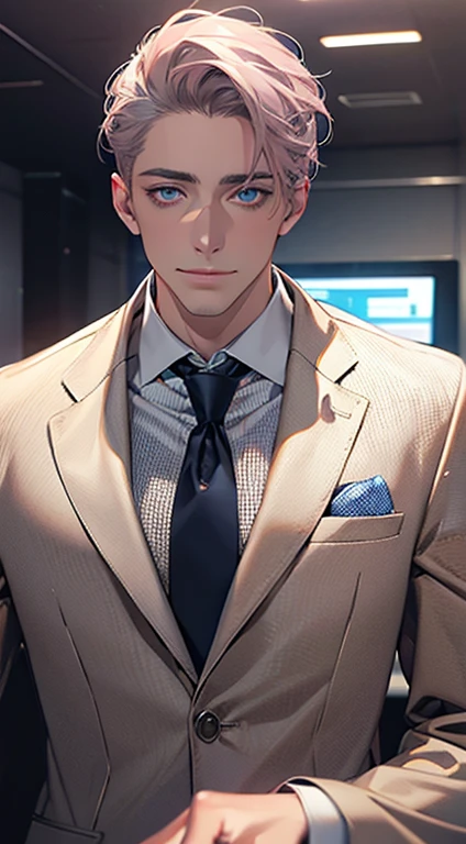 (Highest quality,4K,8K,High resolution,masterpiece:1.2),Super detailed,(Realistic,photoRealistic,photo-Realistic:1.37),1 personld,Mature Men,Beautiful skin、very handsome,Expressionless,smile,Short gray pink hair,blue eyes,Sharp Eyes,A perfect face without a doubt,Businessman,Office Background,Cinema Lighting,HDR image,tie、