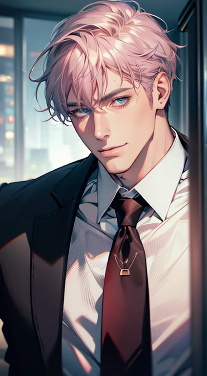 (Highest quality,4K,8K,High resolution,masterpiece:1.2),Super detailed,(Realistic,photoRealistic,photo-Realistic:1.37),1 personld, Men,Beautiful skin、very handsome,Expressionless,smile,Short gray pink hair,blue eyes,Sharp Eyes,A perfect face without a doubt,Businessman,Office Background,Cinema Lighting,HDR image,tie、