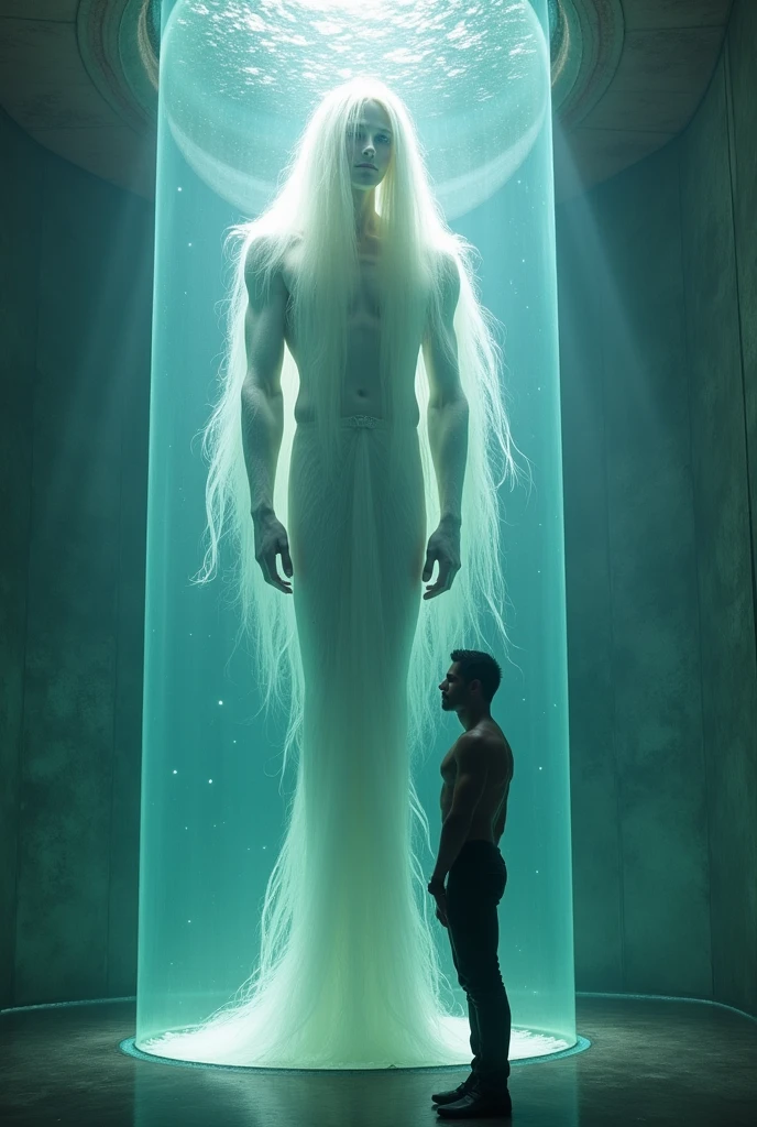 6'6 merman with pale skin slim body and white long lushy hair and masculine dark face inside a water glass tank and a 6'2 man, masculine hansome dark facial features standing ok the other side 