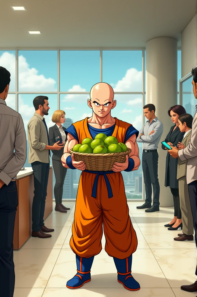 Dragon Ball Super&#39;s Krillin version in his best pose selling Kiwis in a Banco Popular Colombia office 