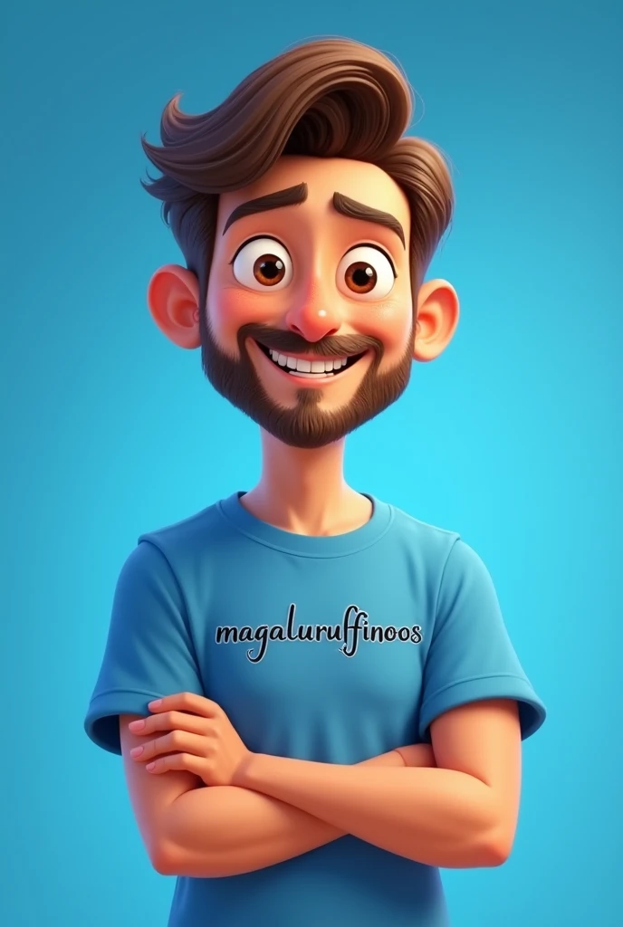 Pixar drawing of a handsome 2 man with brown eyes, beard, long straight wavy hair, wearing a blue shirt with "Magalurufinoos" written on it, with his arms crossed, facing the camera. with blue studio background