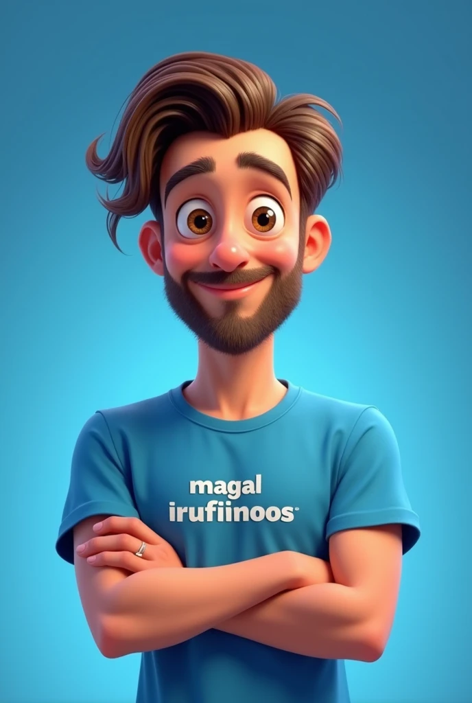 Pixar drawing of a handsome 2 man with brown eyes, beard, long straight wavy hair, wearing a blue shirt with "Magalurufinoos" written on it, with his arms crossed, facing the camera. with blue studio background