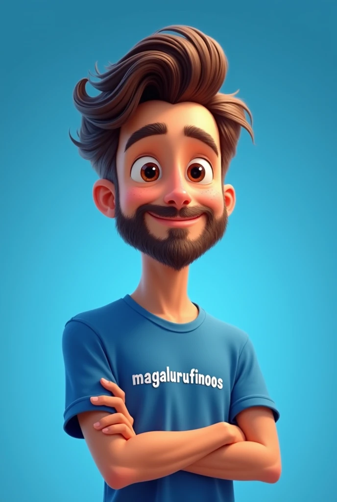 Pixar drawing of a handsome 2 man with brown eyes, beard, long straight wavy hair, wearing a blue shirt with "Magalurufinoos" written on it, with his arms crossed, facing the camera. with blue studio background