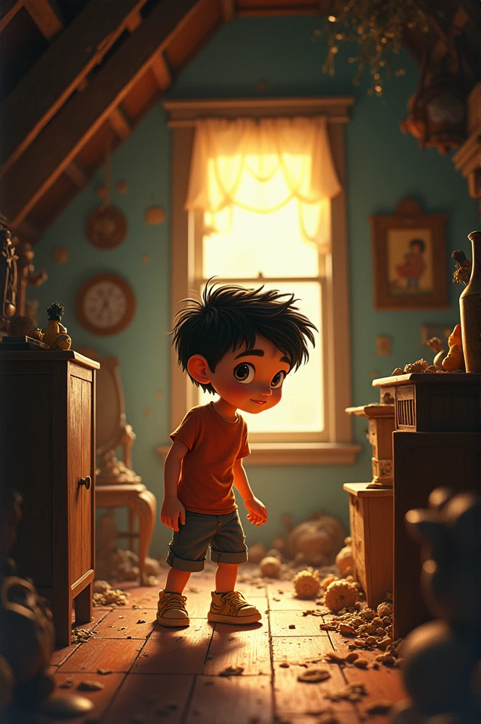  Latino boy searching and snooping in the attic pixar style drawing 