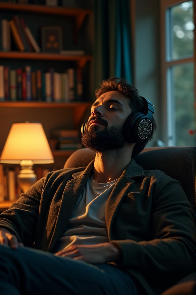 A man listening music in headphone in room