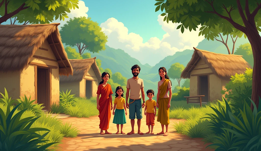 In cinematic 2d cartoon style log shot indian village  The final scene showing the farmer and his family standing in front of their humble home, radiating happiness, with the message: “Lalch Buri Bala Hai” (Greed is a Curse).