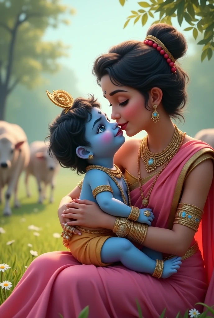 Generate image of cutest new born little krishna with light jewellery facing our side with big fluffy cheeks and big eyes in blue color and body also sky blue color with his beautiful mother in white color body wearing pink saree and lot of jewellery who is standing and holding him in her lap kissing his cheeks with background of trees and cows along with caption happy krishnashtami.
