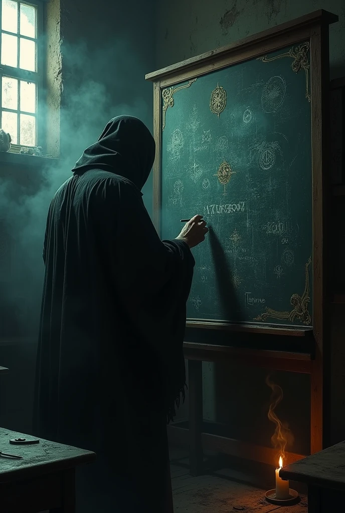 A teacher is writing on a y blackboard