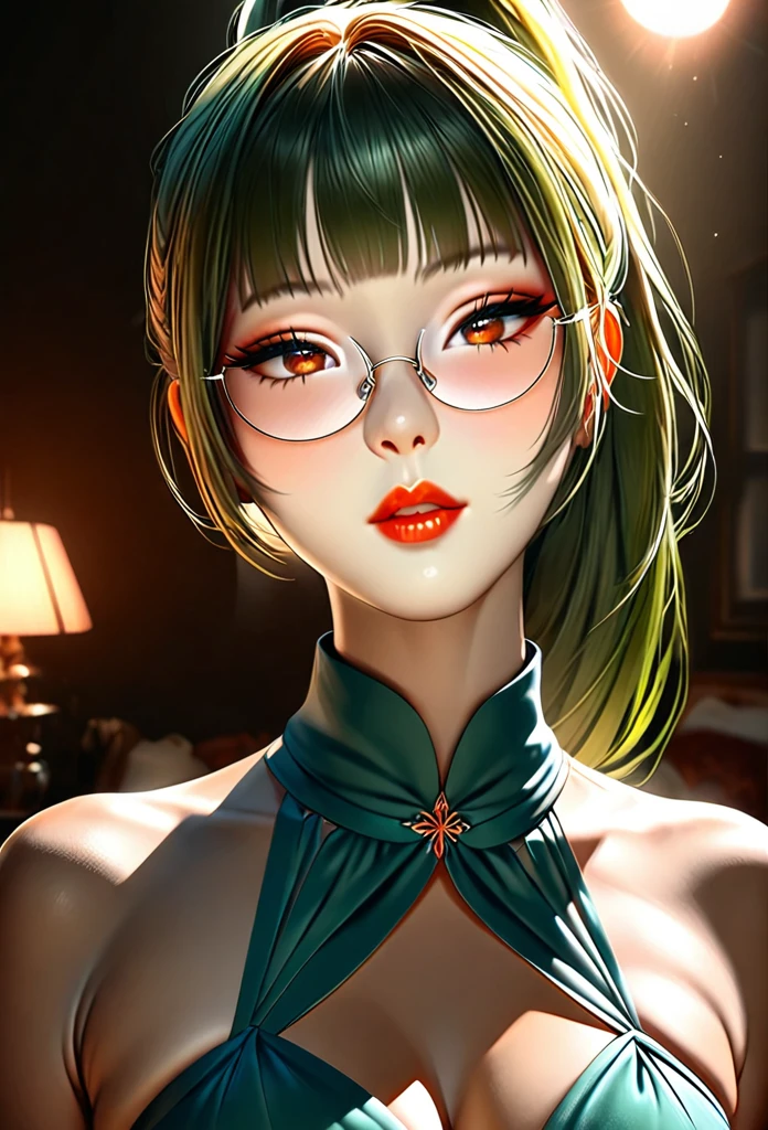 1girl, elegant erotic beautiful girl, ((long green hair with pony tail and straight bangs)), detailed face portrait, glasses, maxi dress, adultery, indecent, vulgar, (best quality,4k,8k,highres,masterpiece:1.2),ultra-detailed,(realistic,photorealistic,photo-realistic:1.37),intricate details, delicate facial features, beautiful amber eyes, ulzzang, long eyelashes, small nose, full lips, porcelain skin, natural lighting, warm color palette, chiaroscuro lighting, dramatic shadows, sensual, alluring, mature themes, artistic, dreamlike, ethereal, sideboob, cleavage, looking at viewer, ulzzang, (amber eyes), (close up face portrait),
