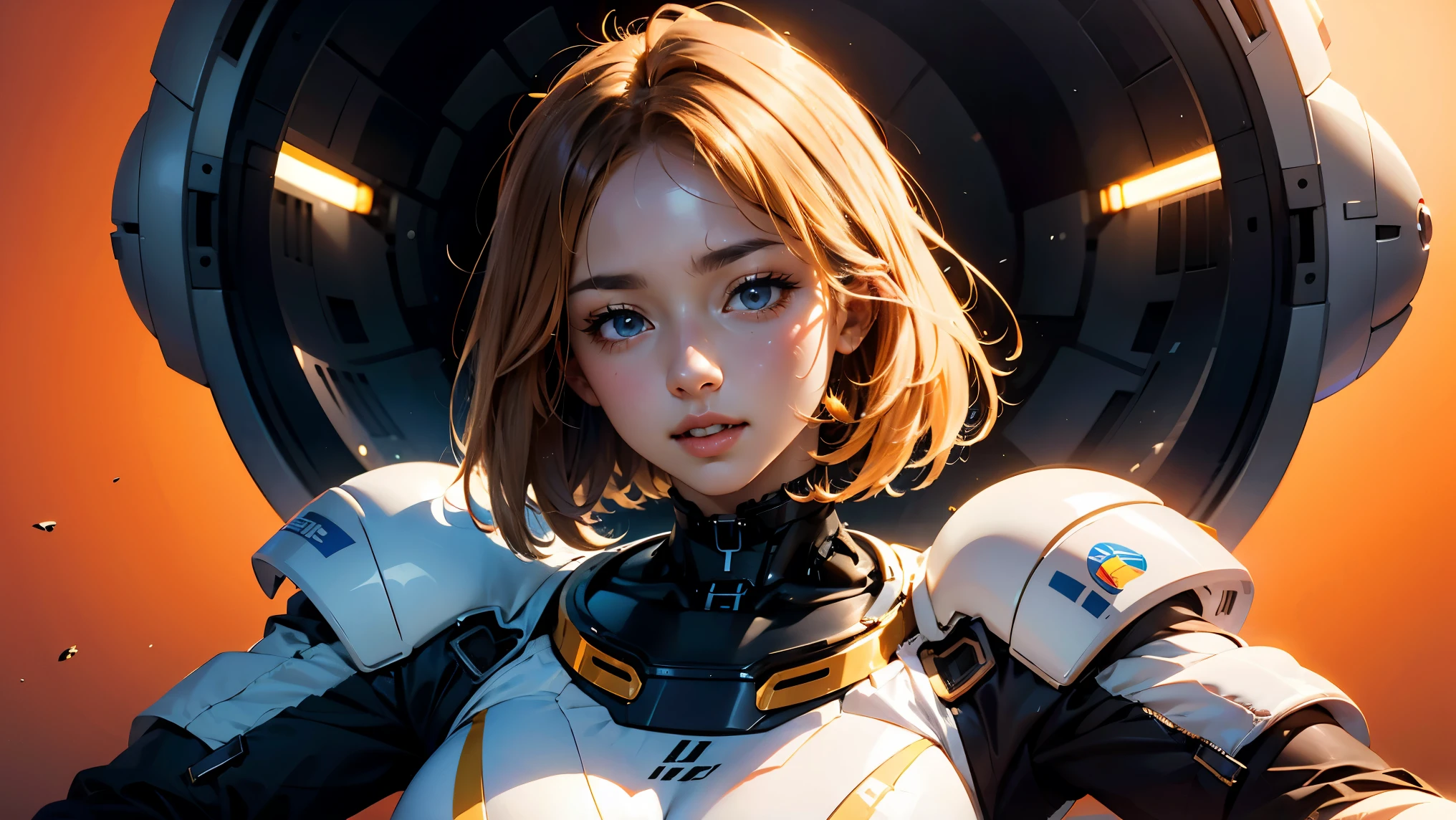 arafed image of a woman in a futuristic suit with a spaceship in the background, movie art, in front of an orange background, inspired by Robert McGinnis, female protagonist, megastructure in the background, portrait of an ai astronaut, astronauts, an astronaut, portrait of a astronaut skeletor, perfect android girl, frank franzzeta and sakimichan