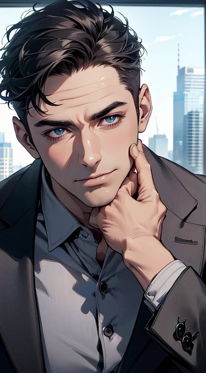 (best quality,4k,8k,highres,masterpiece:1.2),ultra-detailed,(realistic,photorealistic,photo-realistic:1.37),1 man,3,mature man,very handsome,without expression,smile,short grey black hair,blue eyes,penetrating gaze,perfect face without errors,imposing posture,businessman,office background,cinematic lighting,hdr image