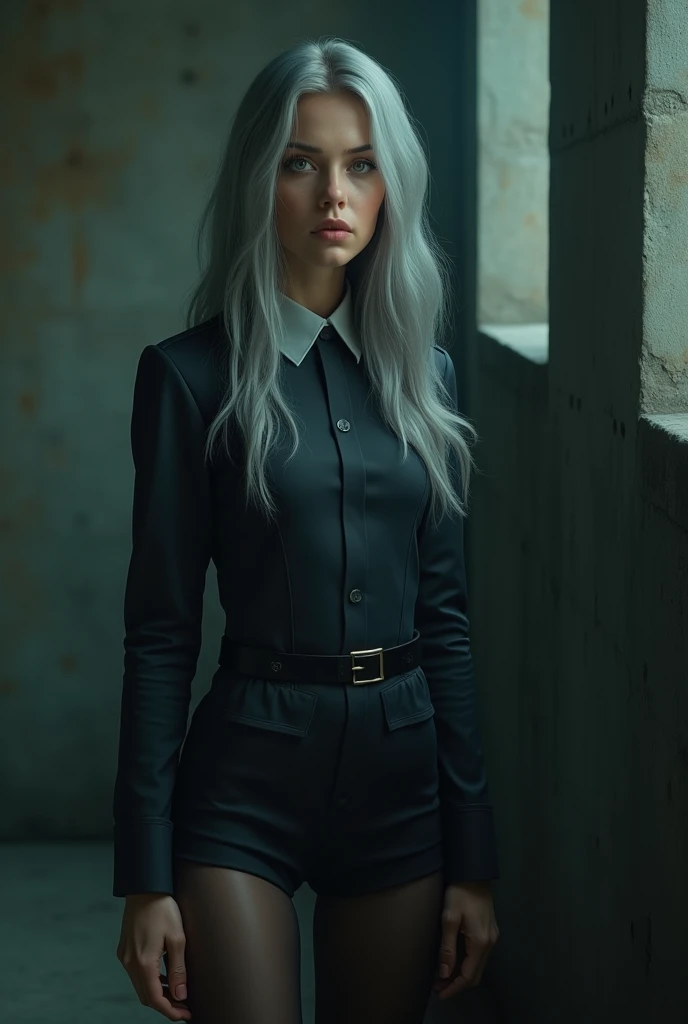 (Front Focus), (In the Dark: 1.6), Surrealistic Female Portraits by David Hockney and Alphonse Mucha, Fantasy Art, Photo Realism, Dynamic Lighting, ArtStation, Poster, Volumetric Lighting, Very Detailed Faces, 4 K, Pantyhose, Shorts, 1girl, In the Dark, Deep Shadow, Low Key, Cowboy Shot, (Official Uniform: 1.4), Long Hair, Gray Hair,