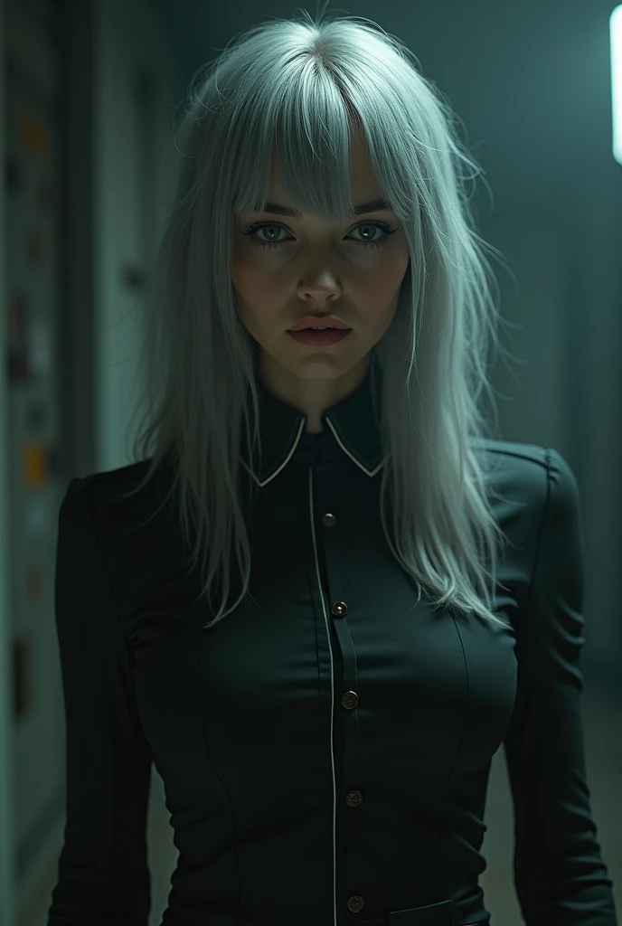 (Front Focus), (In the Dark: 1.6), Surrealistic Female Portraits by David Hockney and Alphonse Mucha, Fantasy Art, Photo Realism, Dynamic Lighting, ArtStation, Poster, Volumetric Lighting, Very Detailed Faces, 4 K, Pantyhose, Shorts, 1girl, In the Dark, Deep Shadow, Low Key, Cowboy Shot, (Official Uniform: 1.4), Long Hair, Gray Hair,