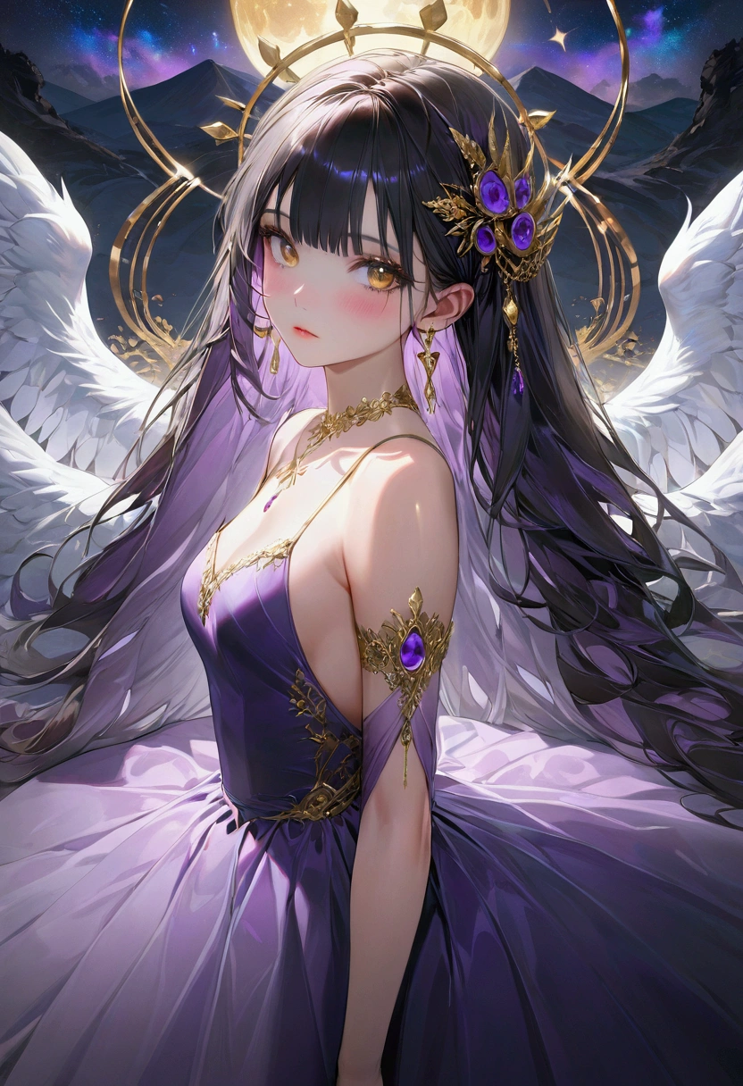 Long smooth straight black hair, inner colored dark-purple hair, golden eyes,princess, masterpiece, super detail, best quality, 8k,semi-realistic