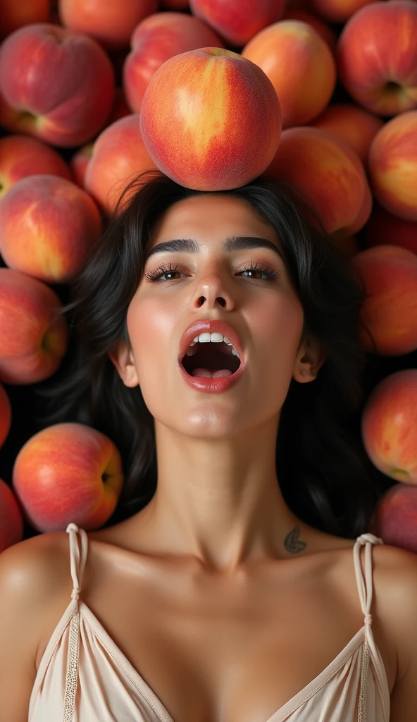 1 beautiful Iranian woman in her 30s。Facing forward、Mouth wide open。The expression is、Sexually lewd expression、Ecstatic expression、I feel a strong sense of ecstasy。The head is peeled、Wearing a large real peach。There are a lot of peaches on and around the head.。The skin is、Hidden by clothes、Light clothing。There are peaches all around。Covered in peaches。Fully clothed。No tattoos。The background is in the colors of the Iranian flag.