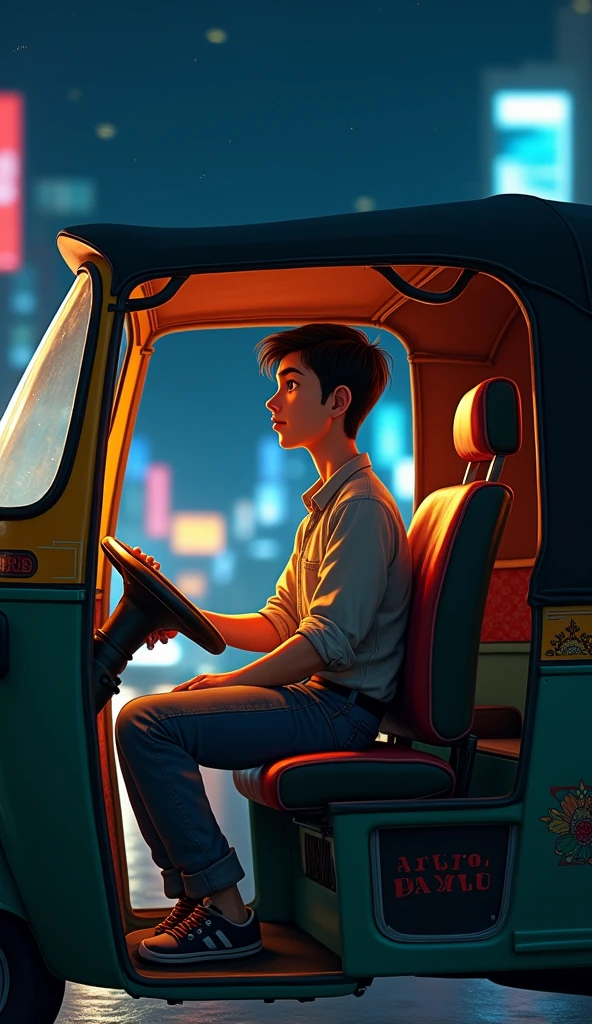 Young adult Boy sitting in auto tampu with auto tampu driver Night image 