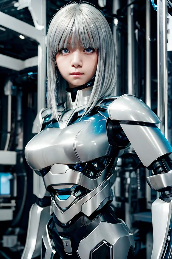  A girl with silver hair and silver eyes、Wide-angle shot, 1 female, Mecha, Glowing blue-black eyes, Very cute face, (Realistic:1.37), バイオMechaニカル, Spaceship interior bokeh background, Ultra-realistic, Very detailed, Very intricate details, Beautiful woman in focus、