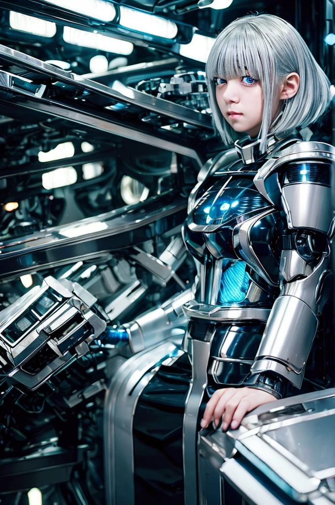  A girl with silver hair and silver eyes、Wide-angle shot, 1 female, Mecha, Glowing blue-black eyes, Very cute face, (Realistic:1.37), バイオMechaニカル, Spaceship interior bokeh background, Ultra-realistic, Very detailed, Very intricate details, Beautiful woman in focus、