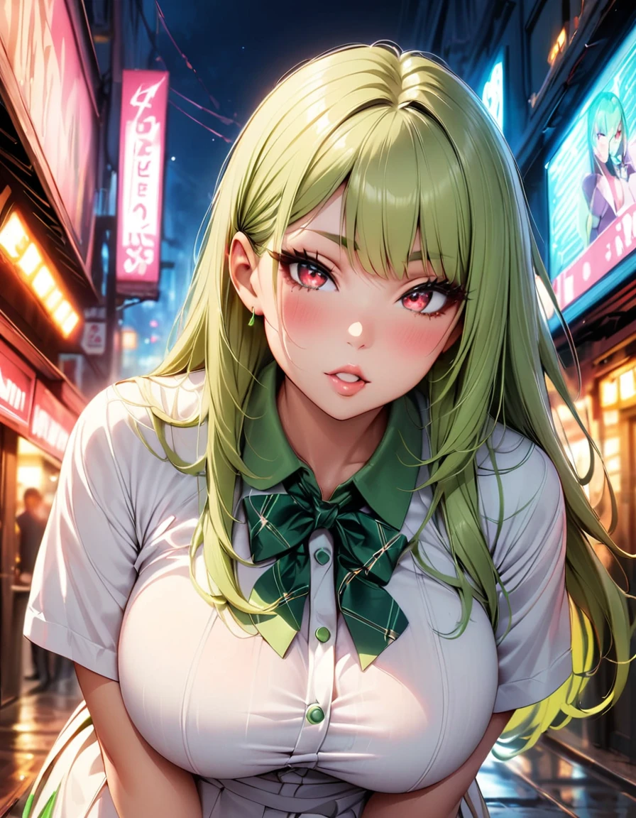 score_9, score_8_up, score_7_up, score_6_up, score_5_up, 1girl, solo, green hair, straight hair, long hair, red eyes, glowing eyes, sultry eyes, juicy lips, plump lips, glossy lips, soft blush, dolly face, eyelashes, eyeliner, large breasts, thick ass, pale skin, white short dress, realistic background, warm lightning, very detailed clothes, very detailed face, very detailed eyes, very detailed hair, ultra, best quality, masterpiece, looking at viewer, in love with the viewer, full body. 