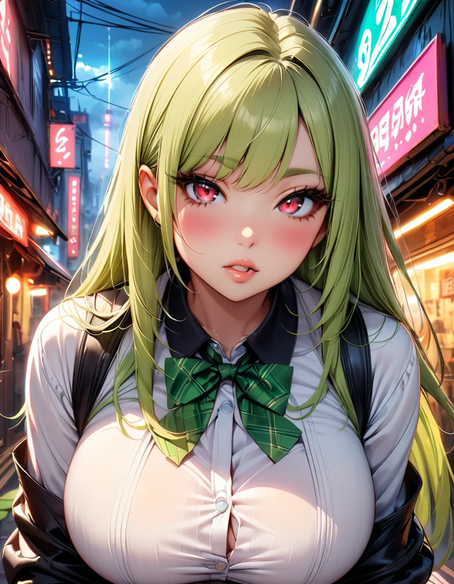 score_9, score_8_up, score_7_up, score_6_up, score_5_up, 1girl, solo, green hair, straight hair, long hair, red eyes, glowing eyes, sultry eyes, juicy lips, plump lips, glossy lips, soft blush, dolly face, eyelashes, eyeliner, large breasts, thick ass, pale skin, white short dress, realistic background, warm lightning, very detailed clothes, very detailed face, very detailed eyes, very detailed hair, ultra, best quality, masterpiece, looking at viewer, in love with the viewer, full body. 