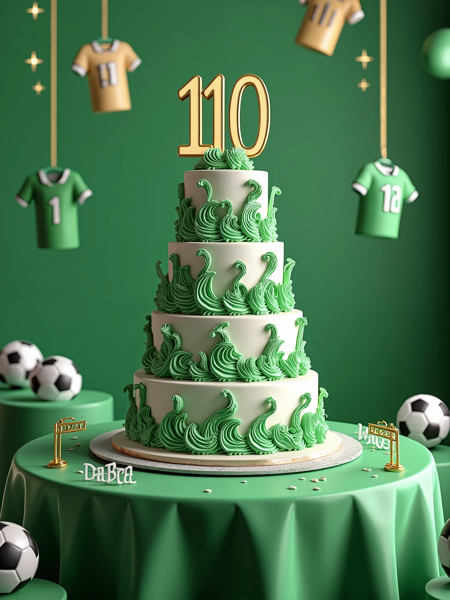 birthday cake in green and white colors with the word 110 written on it on a table decorated with a soccer theme ,realistic, high quality graphics