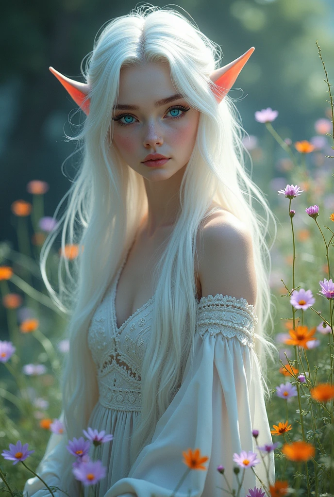 Elf shining white hair, bright blue eyes, extremely beautiful about 1. In white clothes and with wild flowers 