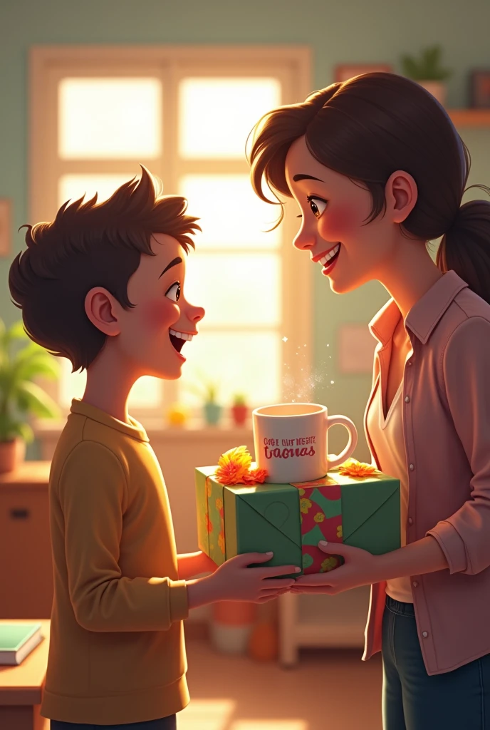 Child giving teacher a gift,with a personalized Teachers&#39; Day mug,  in an open package that allows you to see the contents inside.
