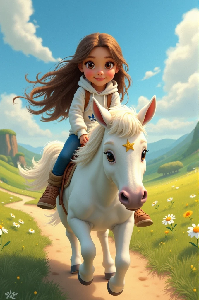 Girl with long brown hair, brown eyes and wearing an Adidas sweatshirt, , riding a white pony with a star on her nose for a Disney Pixar story drawing