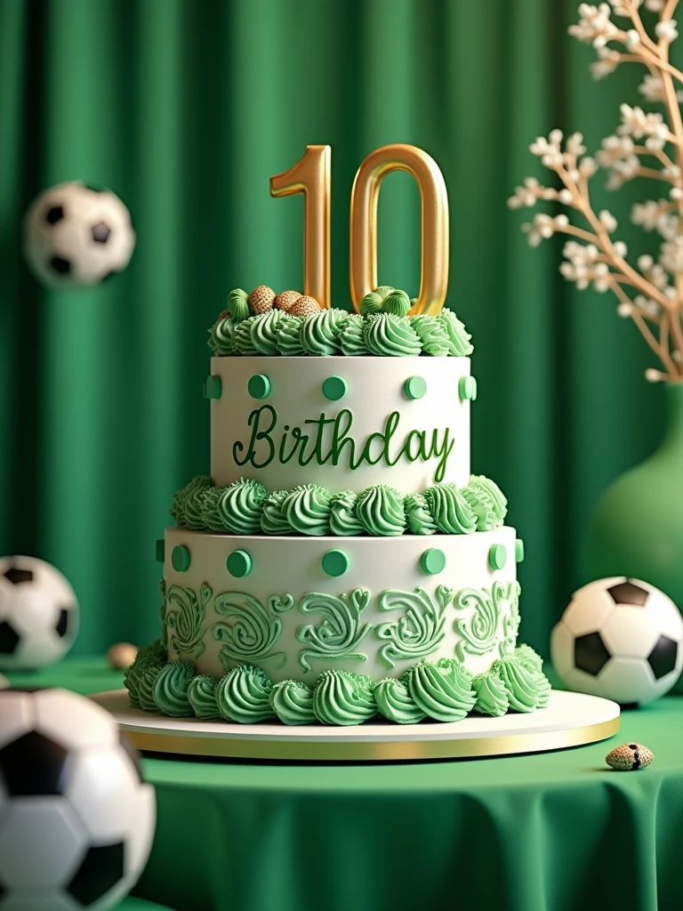 birthday cake in green and white colors with the word 110 written on it on a table decorated with a soccer theme ,realistic, high quality graphics