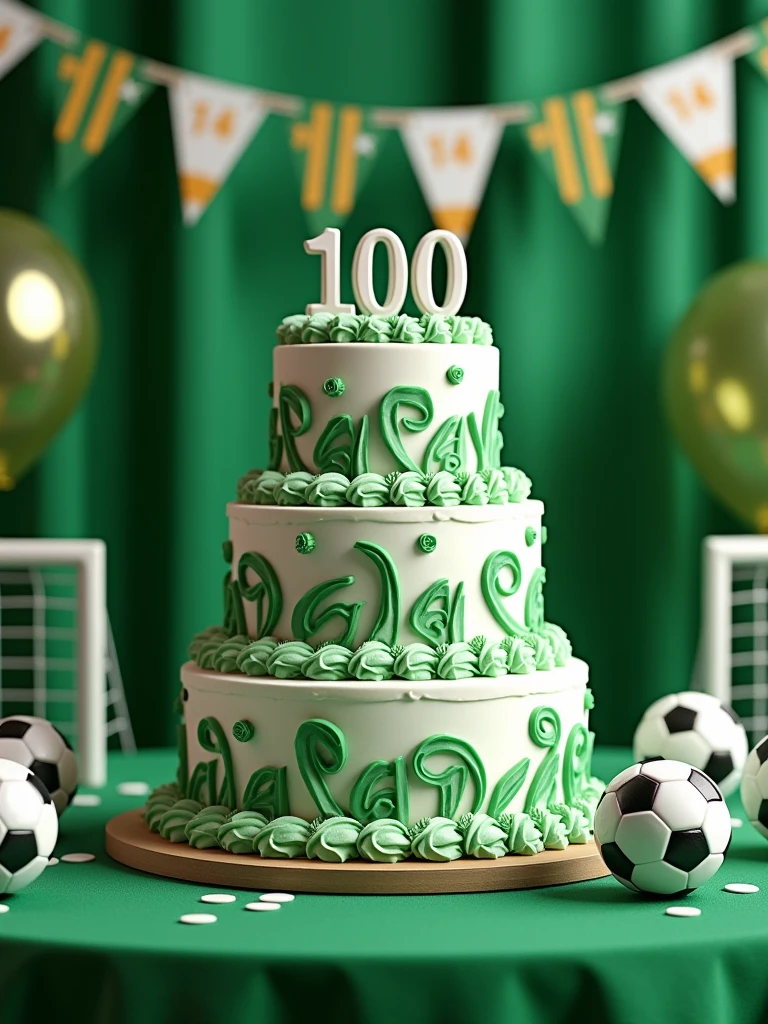 birthday cake in green and white colors with the word 110 written on it on a table decorated with a soccer theme ,realistic, high quality graphics