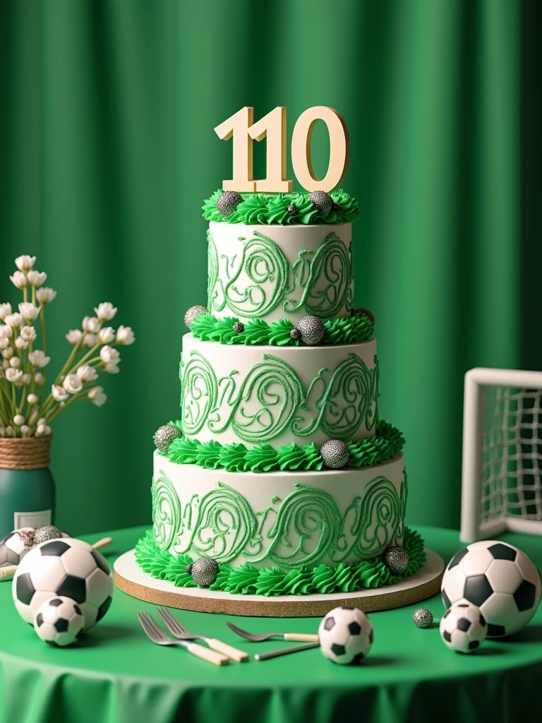 birthday cake in green and white colors with the word 110 written on it on a table decorated with a soccer theme ,realistic, high quality graphics