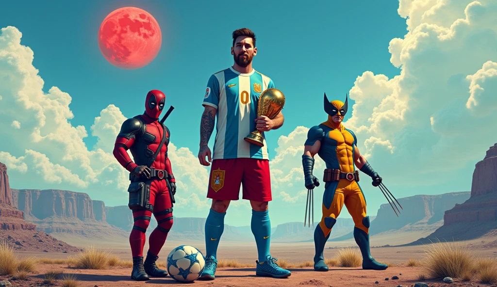 Generate an image showing Lionel Messi wearing the Argentina shirt next to the red Deadpool and the yellow Wolverine, The landscape must include an apocalypse or the end of the world and mountains in the background., under a blue sky with some fluffy clouds and a red moon . Messi must have the ball on his left foot and also have the World Cup in his right hand.. While Deadpool is doing funny poses as he knows how to do and Wolverine is next to Messi but not so close, about 50cm away and not so close