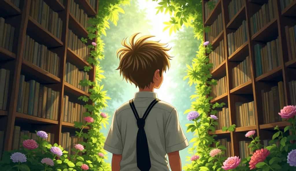 The back of teenager boy with bright, a mop of unruly, sandy brown hair, stands at The channel between the bookshelves he finds the entrance of a hidden garden. He is wearing a crisp, school uniform with a white shirt and a black tie.
stands at the entrance of a hidden garde in the library. Sunlight filters through the trees, casting dappled shadows on the lush green foliage and vibrant flowers.
