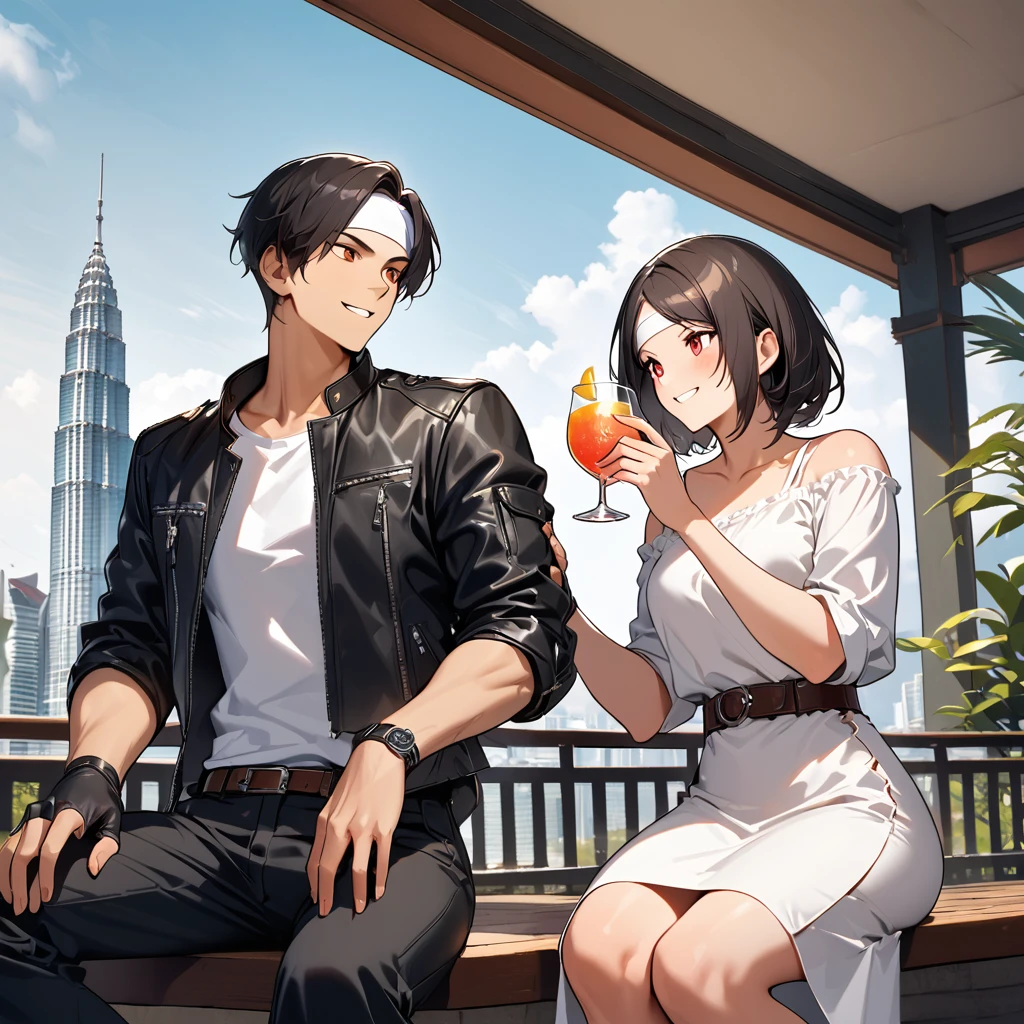 Orochiquillo, dark skin, couple, two people, man and woman, red eyes, ((black leather jacket with rolled up arms)), fingerless gloves, black hair, white t-shirt, ((white headband)), black pants, white shoes, brown belt, handsome, shot, charming, masterpiece, high resolution, detailed face, fine grain, daylight, cloudy, confident smile, with lover, Petronas Twin Towers, Malaysia, dining on terrace, drinking cocktail in cocktail glass, same dress and hairstyle for both sexes, holding glass, toothy smile, sitting cross-legged