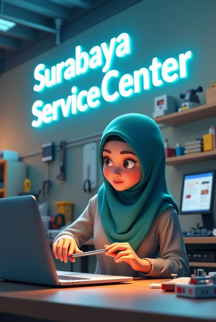 3D animation Good Technical Room with big text "Surabaya Service Center" in the wall
With a hijabi technichian in front of the laptop and beside many part hold the screw driver for repair broken mini printer