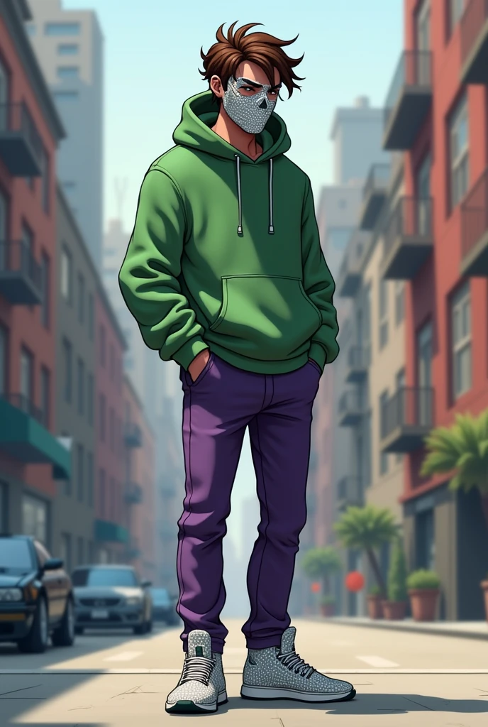 Draw a guy wearing a green hoodie and purple pants., he also wears diamond shoes. He has brown hair and always wears a mask with three holes.