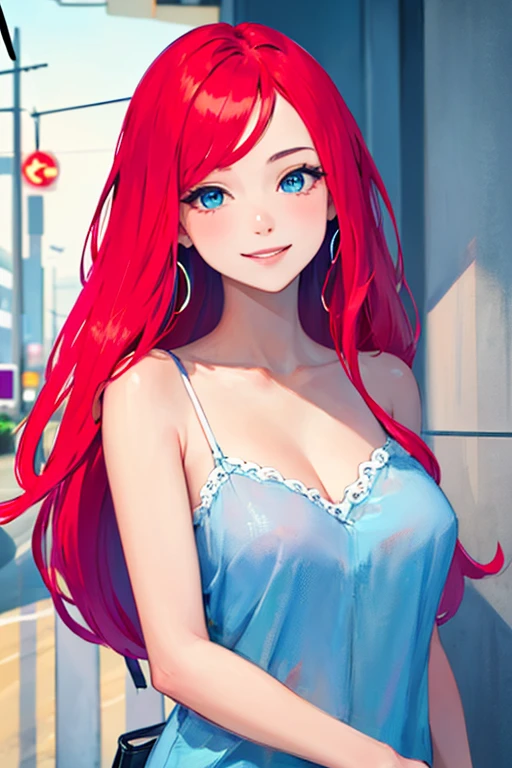 ((masterpiece)), (((best quality))), chromatic lighting,
colorized, red + white limited color palette,
detailed concept drawing, Along a highway,
portrait, 20yo 1girl, medium soft breasts, slender, long red hair, blue eyes, smiling, no weird objects or colors on the face