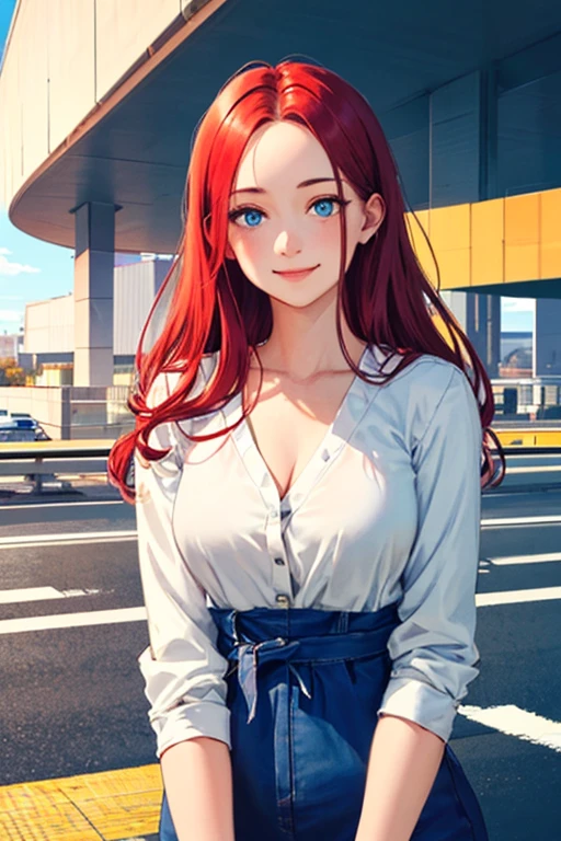 (masterpiece:1.2, best quality), realistic, (real picture, complex details, depth of field), (1girl, solo), makeup, cleft lip, high detail, perfect face shape, (big breasts:1.2), (skin indentation), rough Thighs, wide hips, small waist, tall man, coral lips, red hair, red eyes, white casual clothes, street of Akihabara, sitting in cafe, suitcase