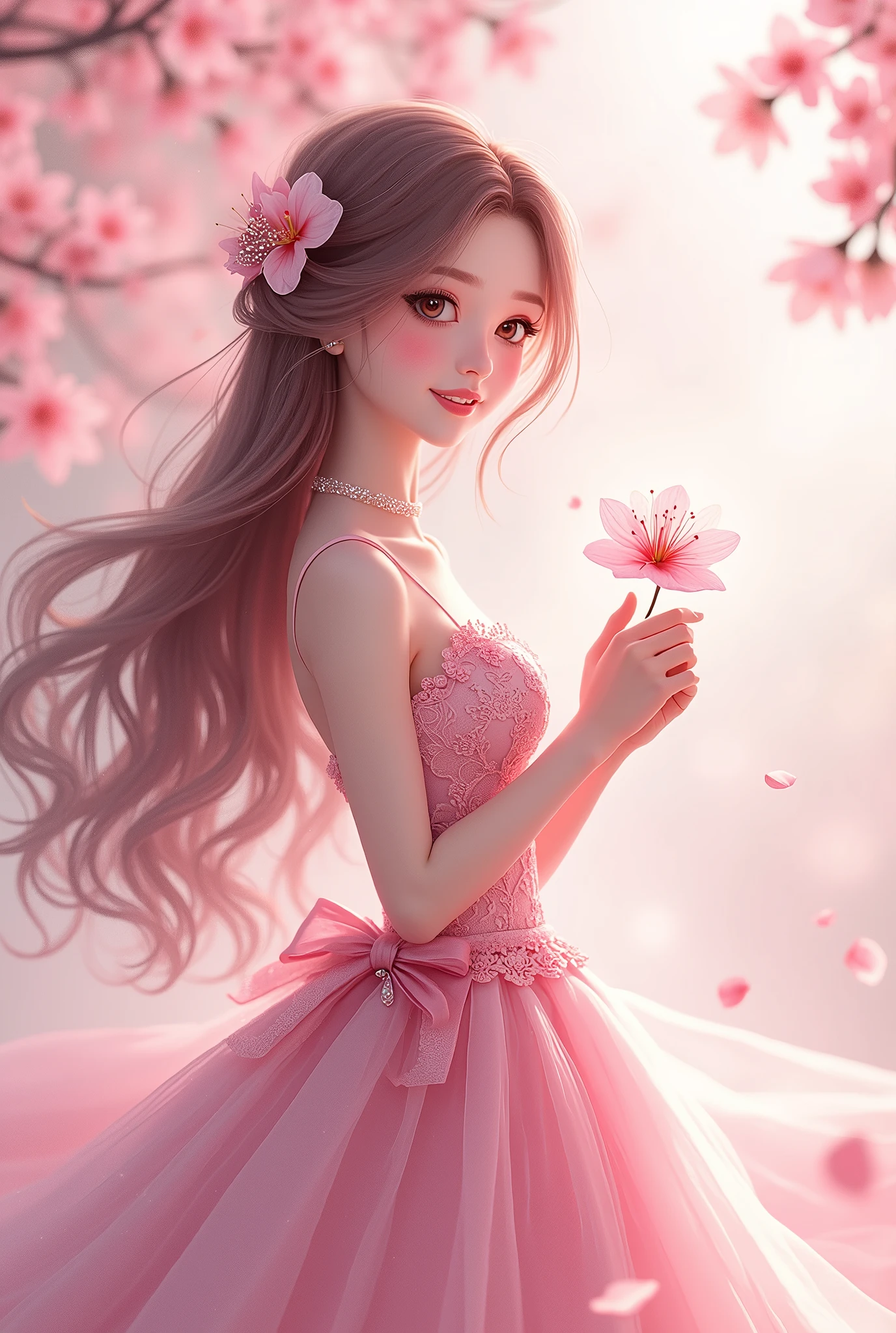 She had her long pink-brown hair half-up.、Has pink droopy eyes、A cute princess wearing a pink wedding dress and smiling while holding a cherry blossom
